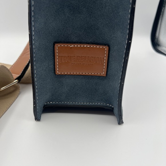 True Religion Womens Tote Bag Suede Navy Blue Brown Detachable Strap Lined - Picture 10 of 10